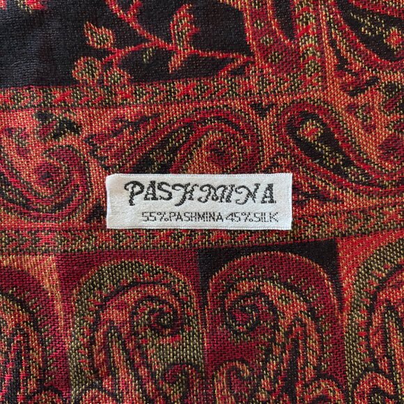 Floral Paisley Silk Pashmina Shawl Reversible Scarf Red Black Boho Maximalism - Picture 11 of 15